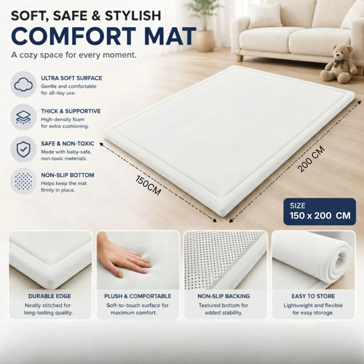 CARLA HOME Foam Play Mat — White, 150 × 200 cm